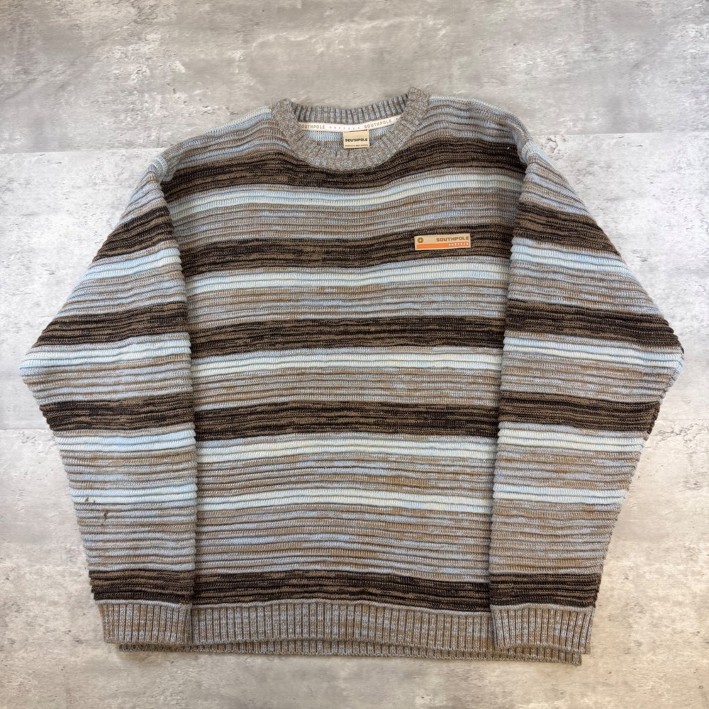 Southpole Mens XL Vintage Striped Knit Sweater Brown Blue Y2K Crewneck